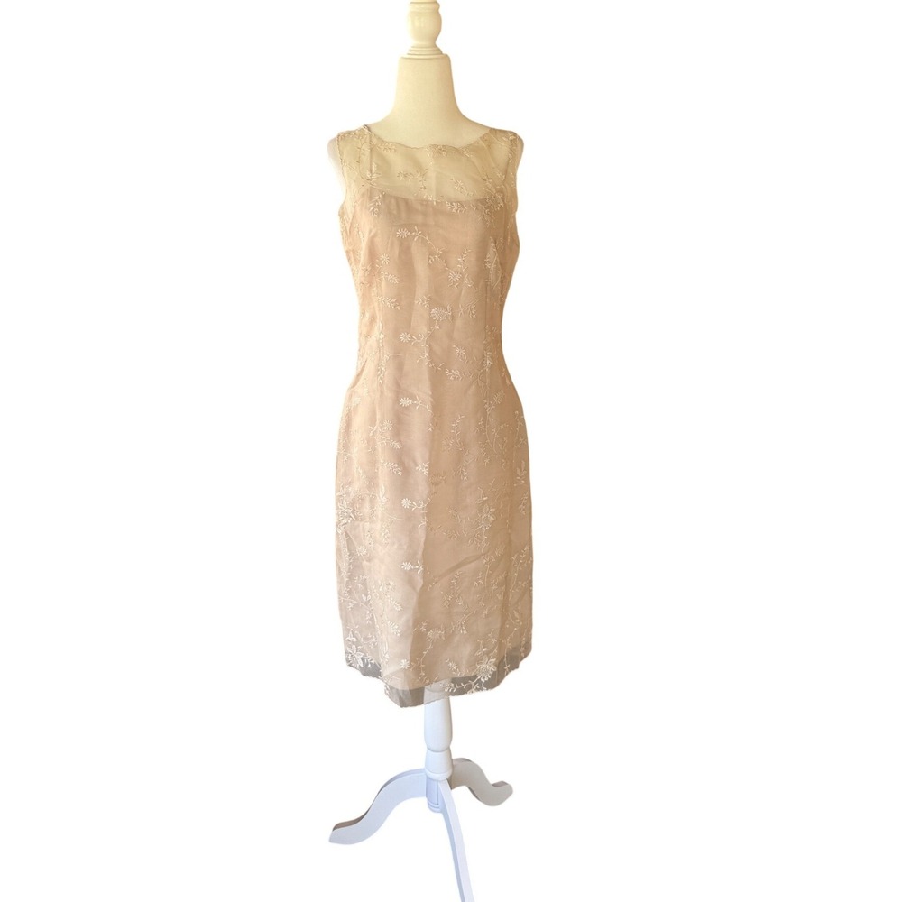 Ann Taylor 100% Silk Embroidered Sheath Dress Champagne Floral 6